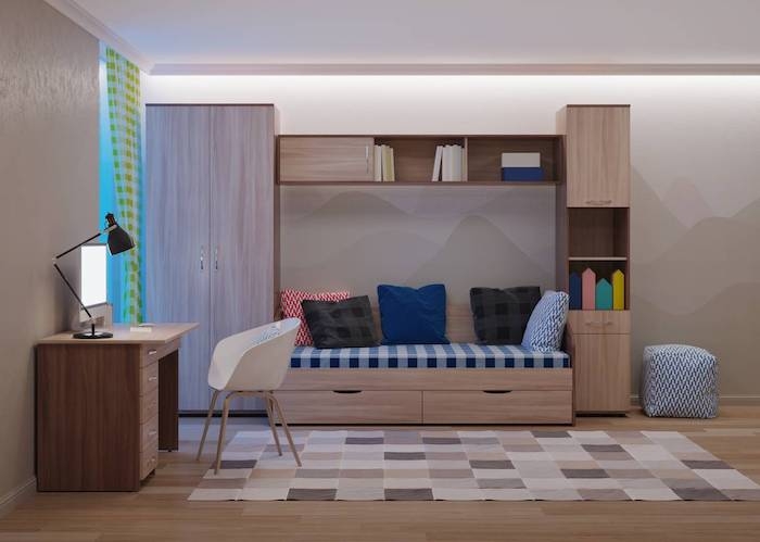 chambre d ado tapis aux carreaux beiges sol en parquet pouff meubles pour chambre d enfant