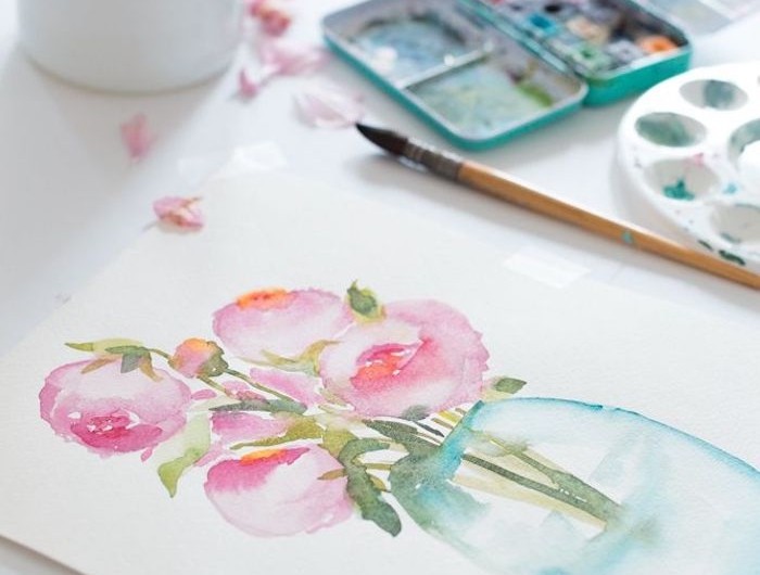 comment dessiner une carte a l aquarelle avec des fleurs une fleur rose dans une tasse