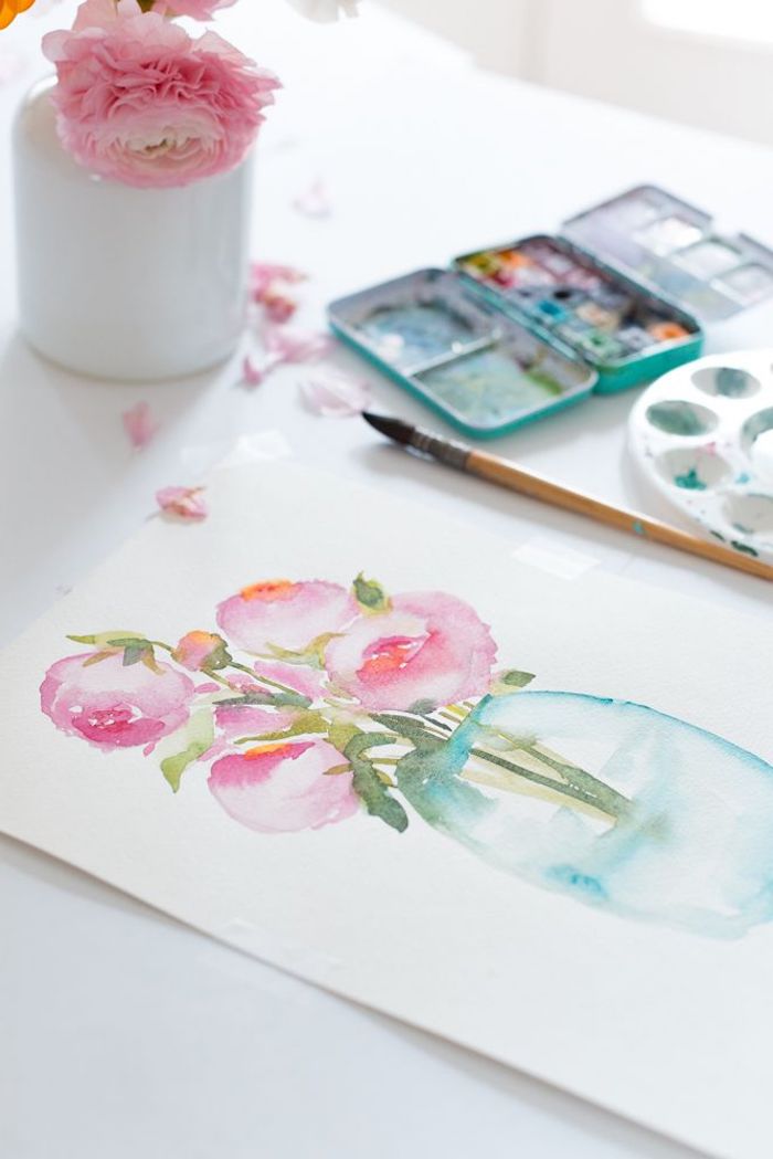 comment dessiner une carte a l aquarelle avec des fleurs une fleur rose dans une tasse