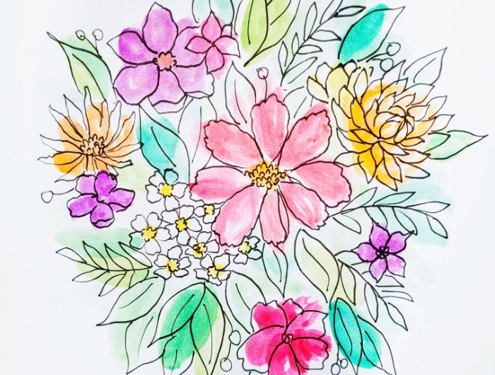 composition fleurie avec des boutons de couleurs variés et feuillages et couleurs rose violet bleu vert pâles