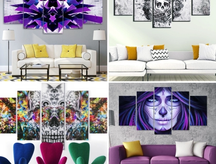 couleurs tendance intérieur meuble canapé blanc tableau tête de mort crâne art déco murale