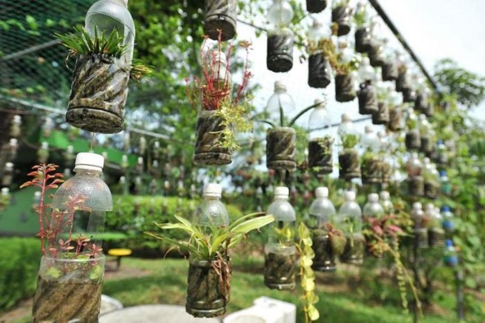deco ardin recup en bouteilles de plastiques avec des fleurs pour cloturer un jardin espace exterieur