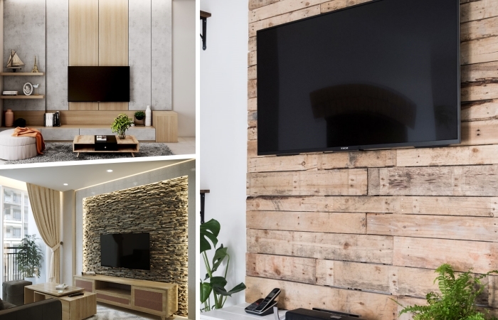 decoration murale derriere tv revetement bois parement pierre design salon moderne meubles bois