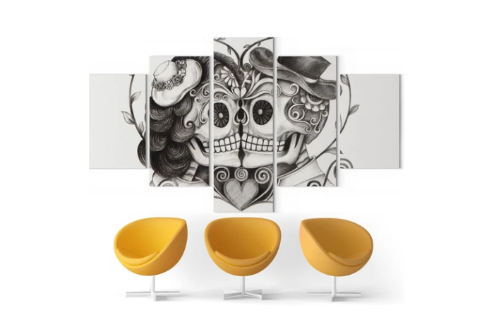 design salon moderne aménagement avec canapé couleur jaune tendance 2021 tableau coupe crâne