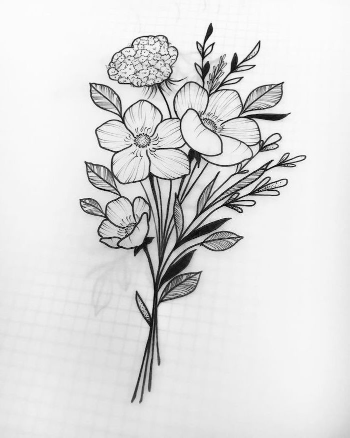 dessin bouquet de fleurs simple graphique sur fond blanc avec des espèces sauvages
