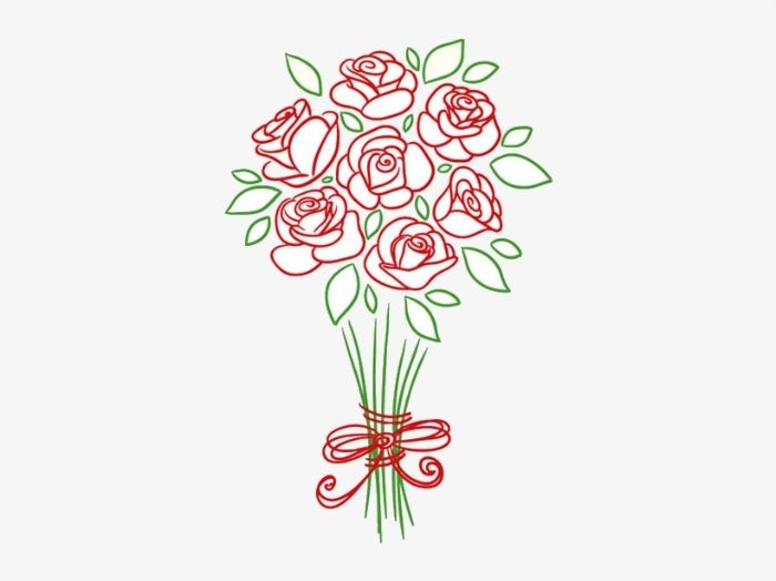 dessin de rose facile de couleurs rouges aux feuilles et tiges vertes d un trait et ruban rouge facile a dessiner