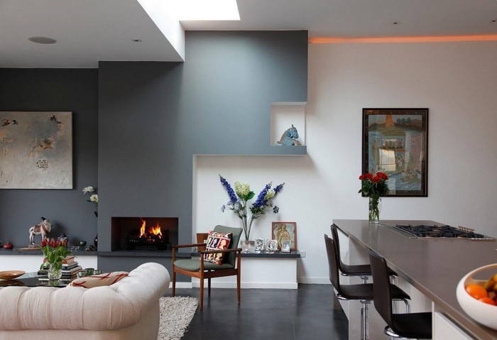 décoration salon moderne avec cheminée peinture murale couleur grise idée de peinture pan mur
