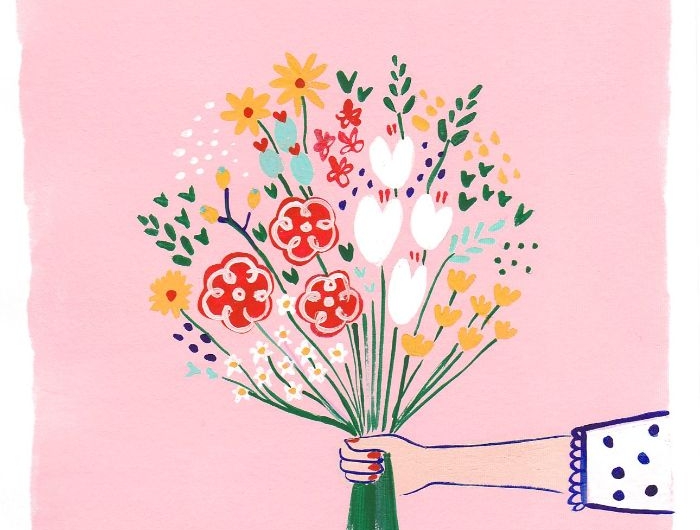 fabriquer une carte fête des mères à la peinture sur papier et fond rose image printemps créative