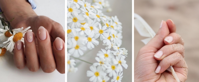 idée de manucure minimaliste base transparente finition mate dessin ongle facile fleur marguerite
