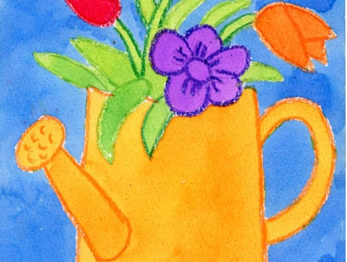 idée dessin enfant simple et rapide arrosoir jaune avec des fleurs de printemps colorées sur fond bleu