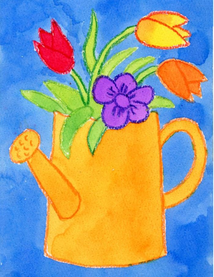 idée dessin enfant simple et rapide arrosoir jaune avec des fleurs de printemps colorées sur fond bleu