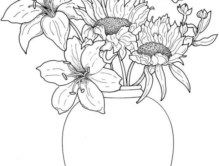 image nature noir et blanc dessinée au crayon tournesols et liliums dans un vase style nature morte