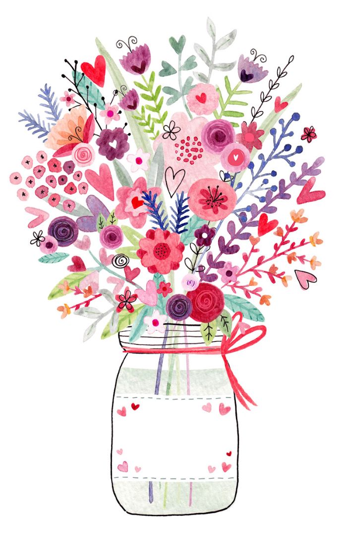 image saint valentin avec des plantes colorés nature aquarelle coeurs dans pot en verre