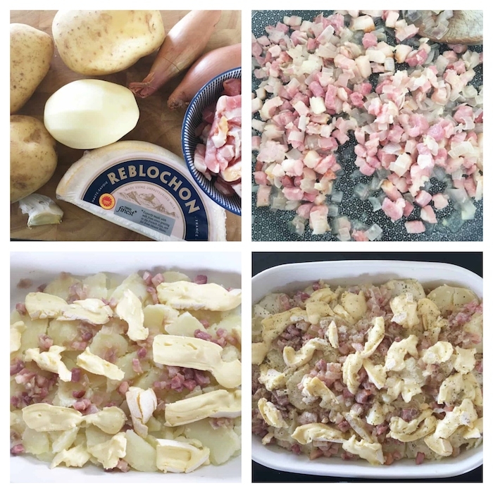 les etapes pour préparer une tartiflette au camember avec pommes de terre et lardons