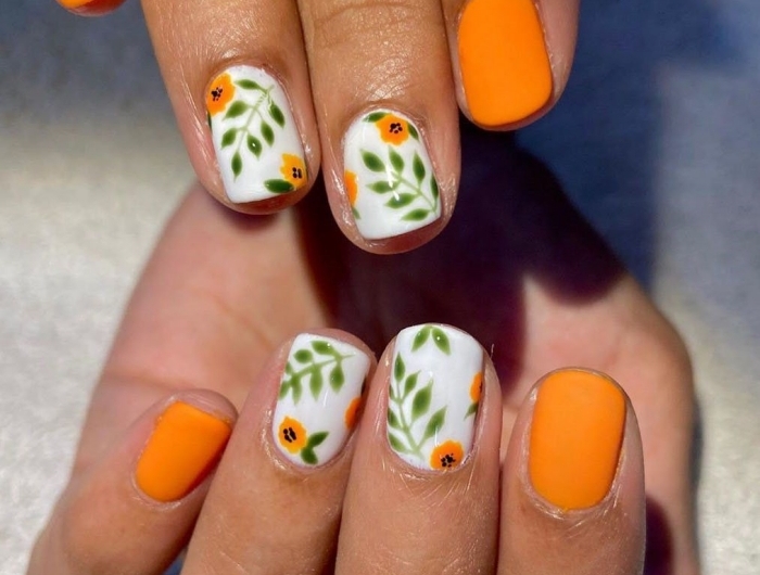 manucure printemps couleurs dessins floraux nail art dessin simple fleur orange vernis finition mate