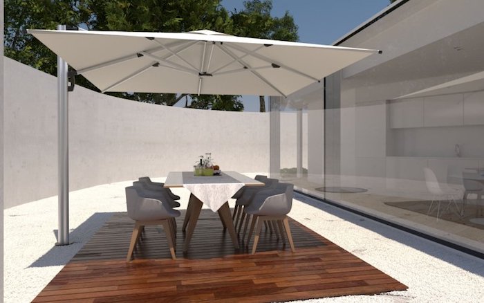 modele de parasol déporté blanc pour ombrager uneterrasse en bois exterieure
