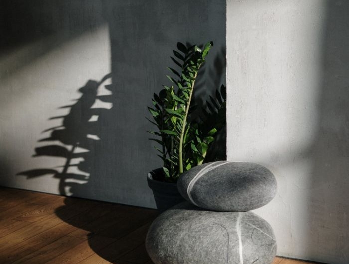 murs gris dans salon avec sol parquet bois pierres superposées plantes vertes microciment deco