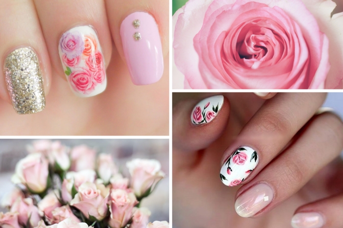 nail art rose motifs dessin sur ongles facile manucure printemps dessin rose glitter doré vernis