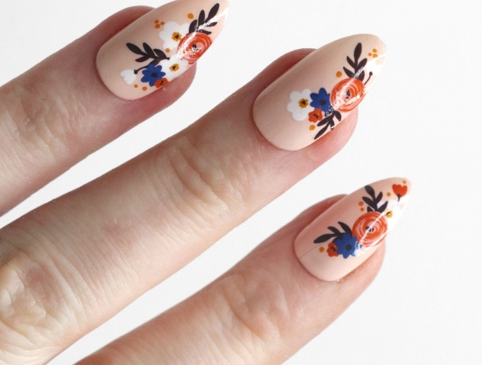 ongles longs manucure nude tendance nail art printemps ongle gel nude dessin facile fleurs