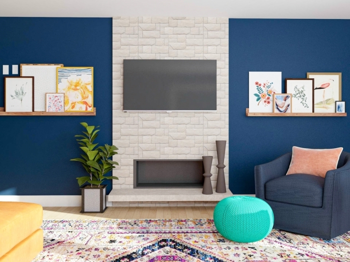 panneau mural tv façon cheminée revêtement papier peint effet briques peinture murale bleu foncé