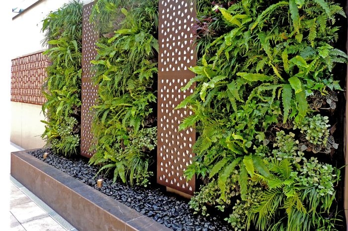 panneaux metalliques galets gris foncé plantes vertes mur vegetal vertical amenagement jardin creatif