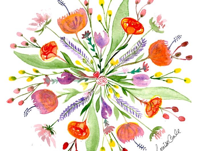 peinture aquarelle de fleurs colorées aux tiges et feuillages plusieurs teintes rouge orange jaune printemps
