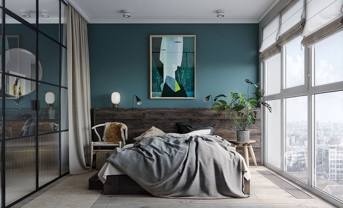 peinture chambre adulte 2 couleurs design intérieur style moderne tête de lit bois mur bleu vert accents gris