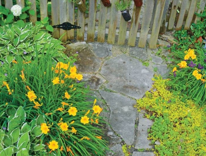 petite palissade de bois avec des pots en verre aux herbes aromatiques chemin de jardin en pierre et bordure de jardin fleurs et buis