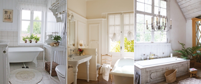 revetement sol carrelage salle de bain retro baignoire tapis bain rond blanc fenêtre plantes art mur