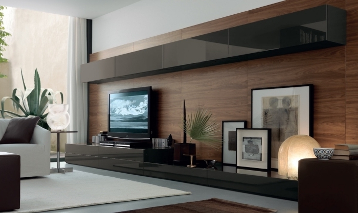revêtement mur tv bois design intérieur moderne style contemporain cadres photos noirs