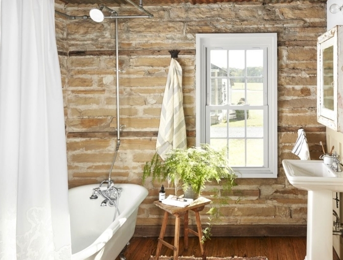 rideaux douche plante pour salle de bain pierre et bois revetement tapis ethnique motifs