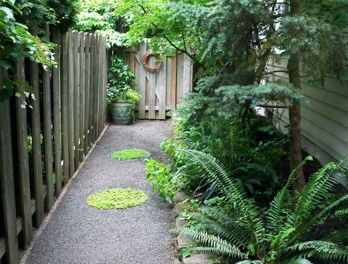 sentier chemin galets gazon idee amenagement petit jardin devant maison plantes vertes arbres