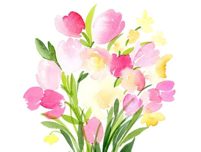 technique aquarelle fleurs de printemps tuipes roses er jacinthes image d art en couleur