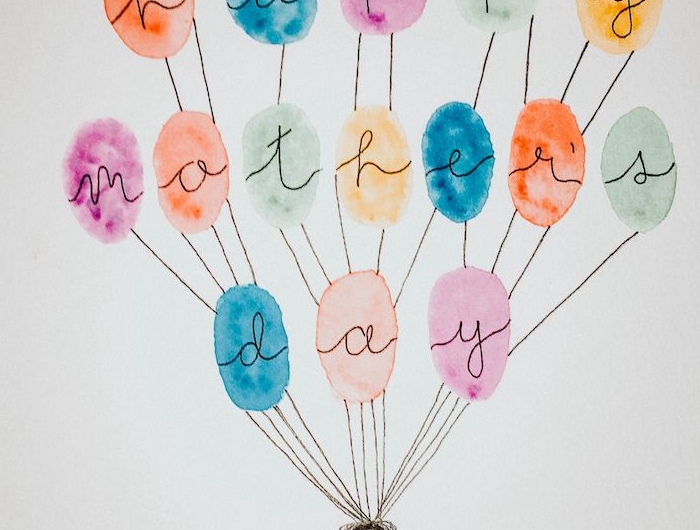 un dessin en aquarelle avec des ballons et message pour la fete des meres