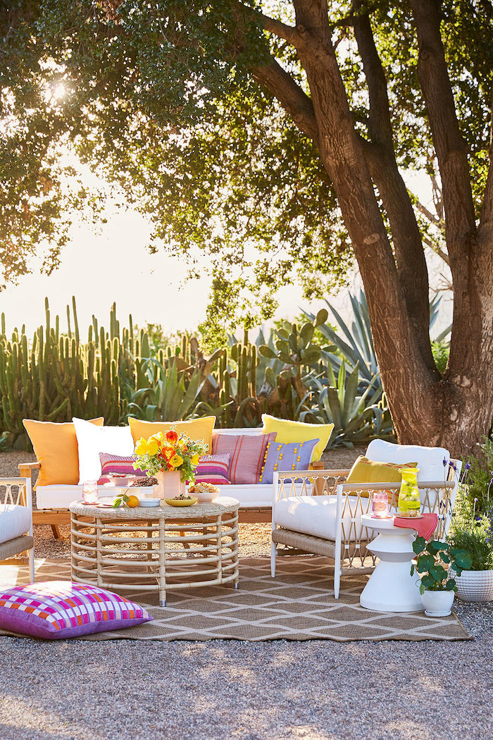 un jardin des cactus derrière un set des meubles en décoré des coussins mulicolorés