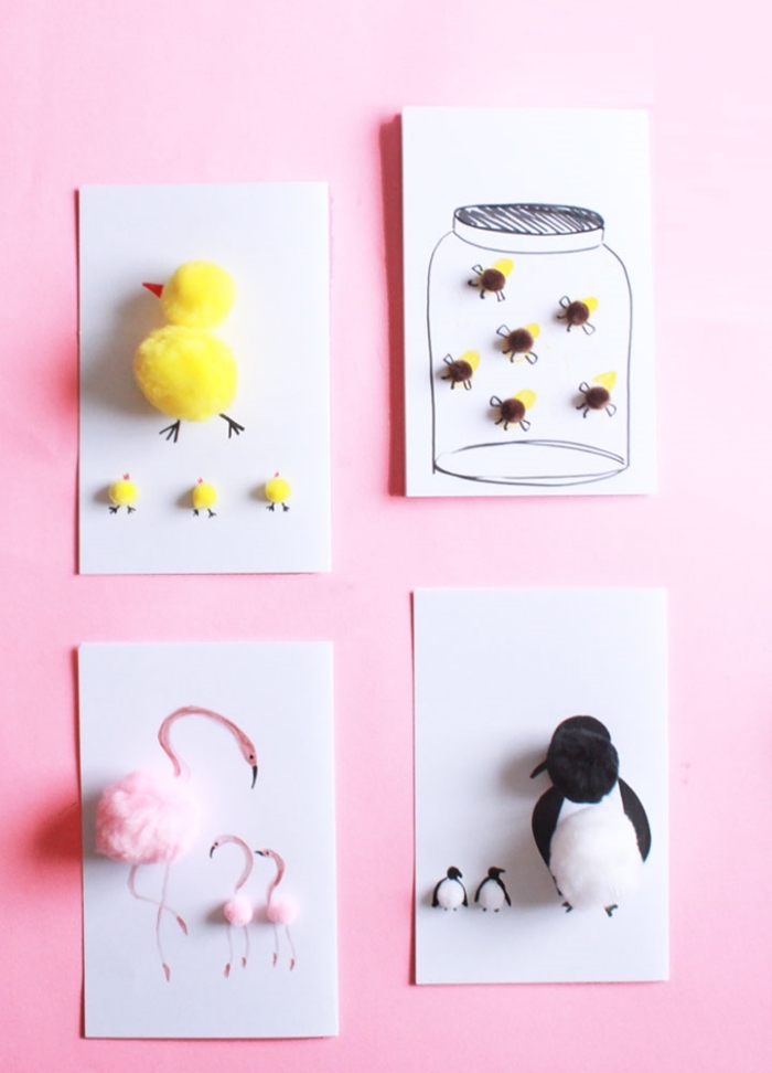 activité manuelle fête des mères fabrication carte originale papier peint blanc diy animaux en pompons