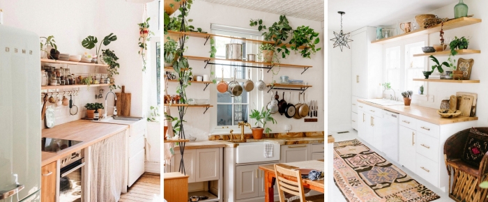 agencement de cuisine comptoir bois étagère suspendue rangement vaisselle plantes décoratives monstera