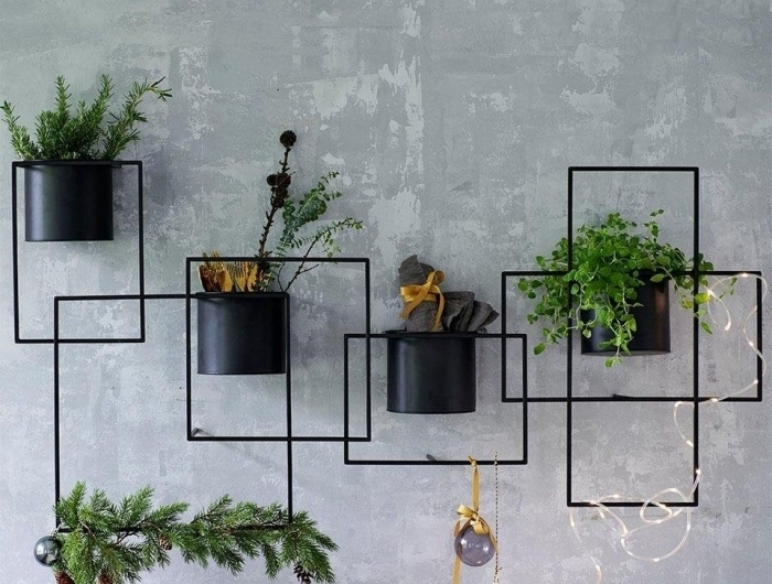 cadre floral en métal support décoration intérieure peinture a effet béton style industriel pots noirs
