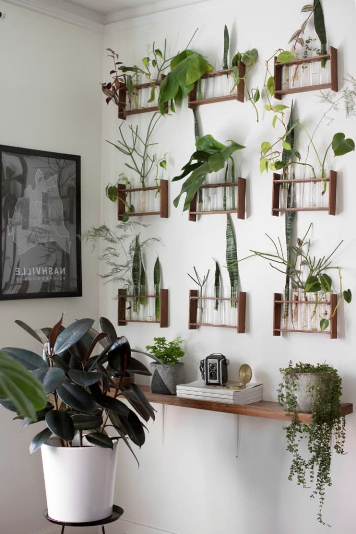 cadre vegetal mural rangement support bois affiche blanc et noir pot de fleur blanc étagère suspendue
