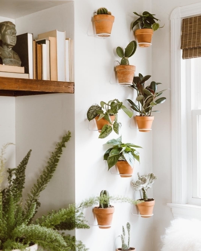 deco plante interieur boho chic style rangement mural étagère bois livre diy mur végétal pots
