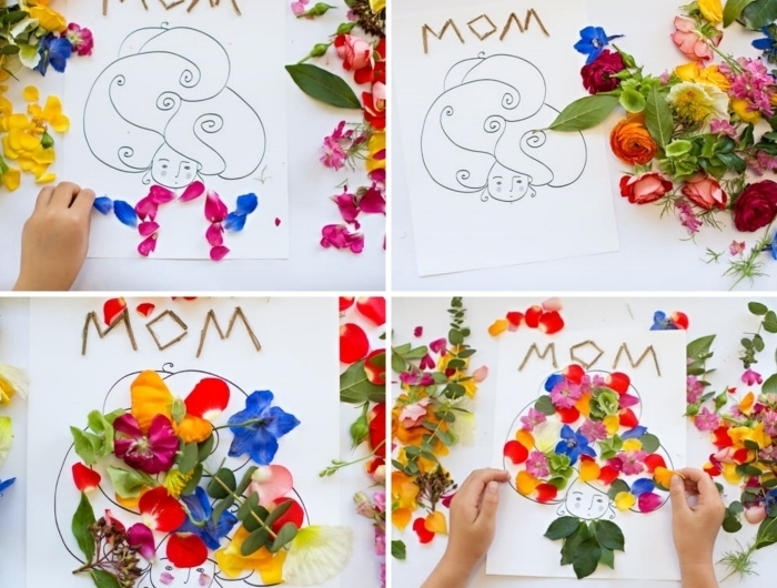 diy carte voeux originale cadeau fete des meres fait main décoration pétales de fleurs dessin maman