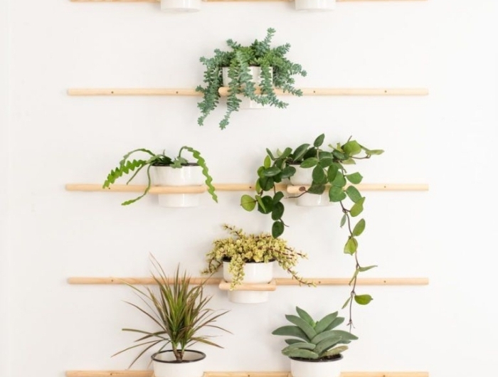 déco murale avec plantes style minimaliste support bois diy mur végétal bois rangement pots fleurs