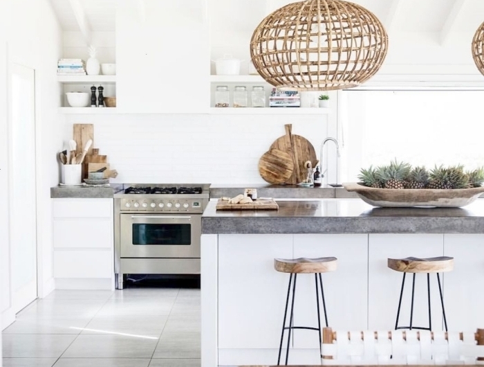 modele de cuisine moderne style boho minimaliste carrelage sol dalles gris clair meubles blancs et bois