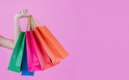 the girl holds a fashion shopping bag and beauty on a pink background.