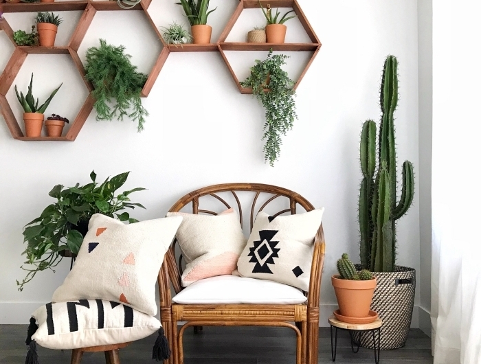 support mural pour plantes d intérieur intérieur bohème style chaise bambou cactus pot terre cuite