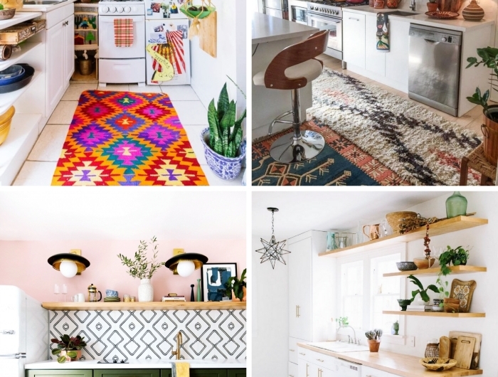 tapis multicolore agencement cuisine en l déco petite cuisine vaisselle colorée meubles en bois