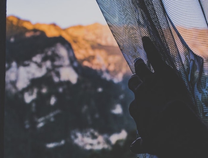 un main qui tire un reseau contre des insectes au fond de montagnes