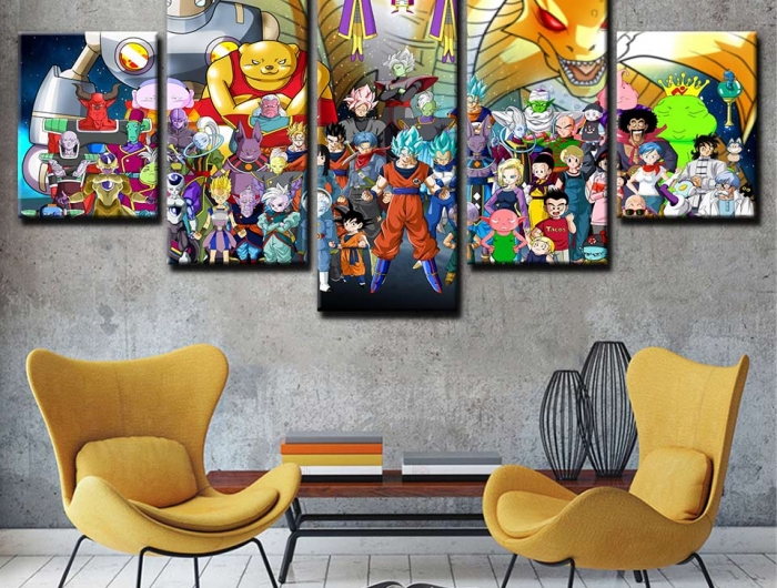 un tableau dragon ball dans le salon avec deux fauteuils jaunes