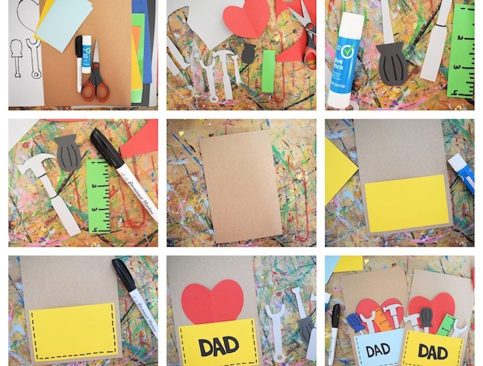 activité fête des pères maternelle carte de voeux diy de papier avec outils et coeur dans poche jaune