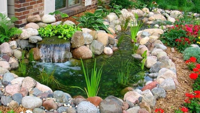 bordure de jardin en pierre qui forme un bassin fleurs autour du bassin